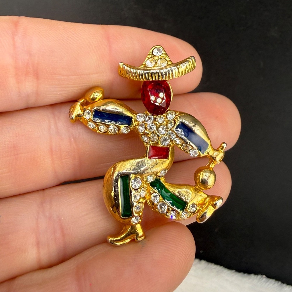Vintage Mexican Musician Brooch Maracas Gold Tone Rhinestone Enamel